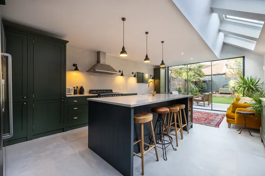 Completed Build Team side return kitchen extension with rooflights to a terraced house in Balham (Wandsworth, SW12)